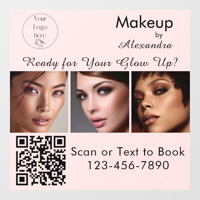 Autocollant Pour Fenêtre Code QR Logo Script Rose Pâle Photo Maquillage (Feuille)