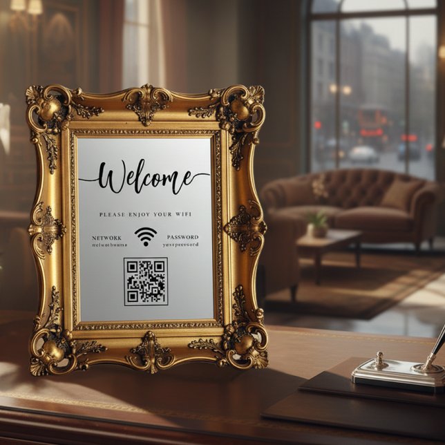 Autocollant Pour Fenêtre Code QR scannable de bienvenue en écriture élégant (Elegant Script Welcome WIFI Scannable QR Code Window Cling)