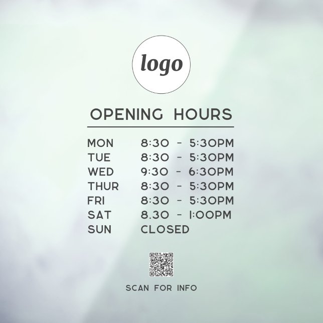 Autocollant Pour Fenêtre Code QR texte de logo simple Heures d'ouverture d' (Simple logo with custom text business branding promotional QR code store shop office opening hours)