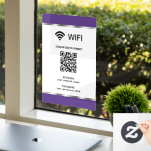 Autocollant Pour Fenêtre Code QR WiFi réseau et mot de passe Argent Violet