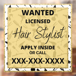 Autocollant Pour Fenêtre Coiffeur Personnalisé Cherché Salon Glitter Or