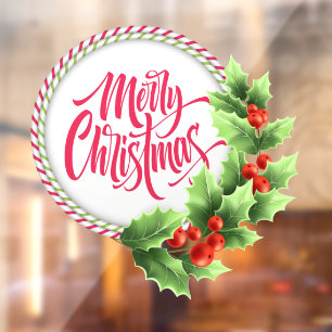 Autocollant Pour Fenêtre Couronne rayée de Noël avec houx et baies