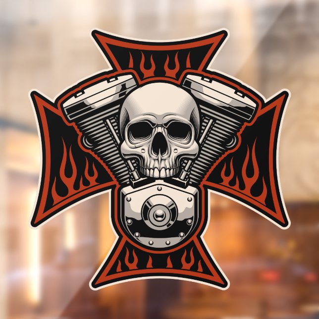 Autocollant Pour Fenêtre Crâne de Motard Flames Moto Magasin de Motocyclett (Feuille 2)