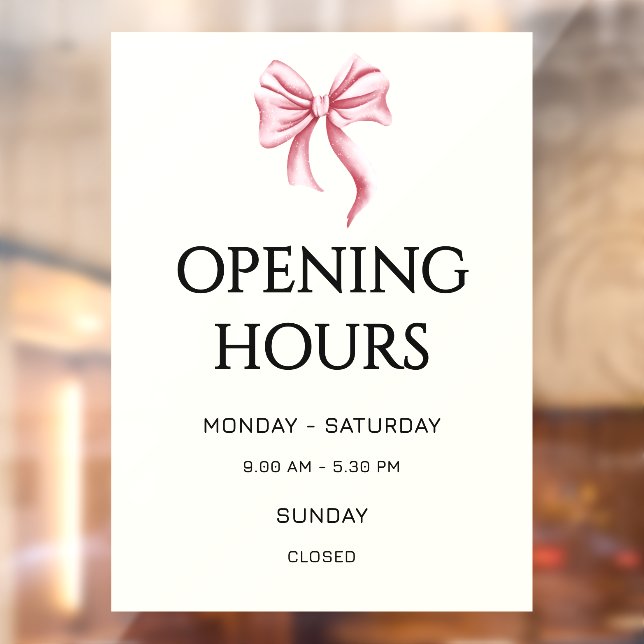 Autocollant Pour Fenêtre Cream Pink Bow Opening Hours Small Business (Feuille 2)