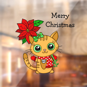 Autocollant Pour Fenêtre Cute Chat orange avec Poinsettia Noël