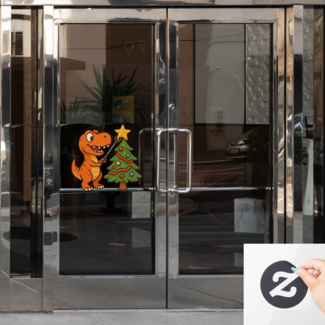 Autocollant Pour Fenêtre Cute dinosaur with Christmas tree (Porte de bureau)