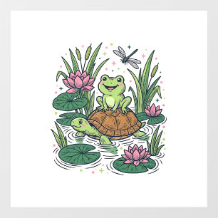 Autocollant Pour Fenêtre Cute Frog Riding Turtle Pond Vintage Vector Art_1