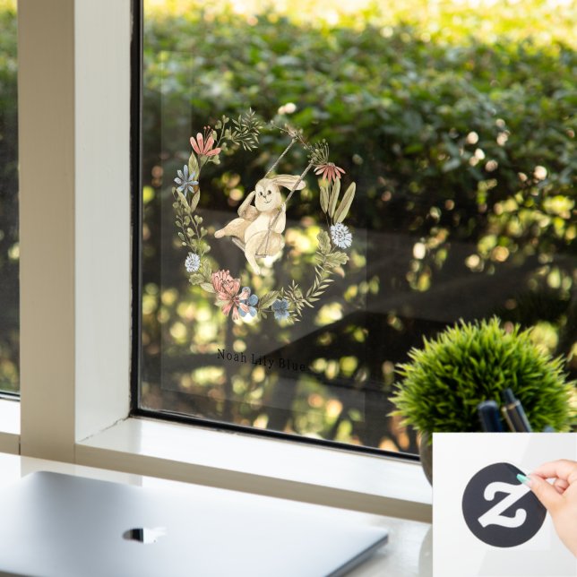 Autocollant Pour Fenêtre Cute Rabbit On A Swing Floral Wreath Name Sticker (Bureau)