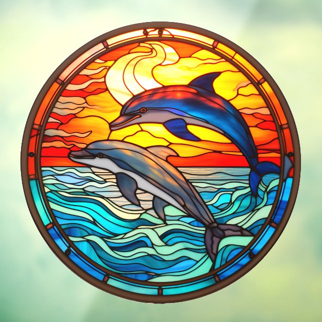 Autocollant Pour Fenêtre Dauphins Coucher De Soleil Océan Sauter Faux Verre (Feuille 3)