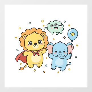 Autocollant Pour Fenêtre Dessin animé de lion et d'éléphant amis super-héro