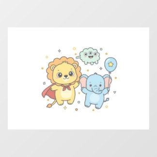 Autocollant Pour Fenêtre Dessin animé de lion et d'éléphant amis super-héro