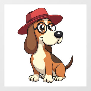 Autocollant Pour Fenêtre Dessin animé vintage Basset Hound au chapeau rouge