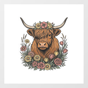 Autocollant Pour Fenêtre Dessin de gravure vintage de vache highland floral