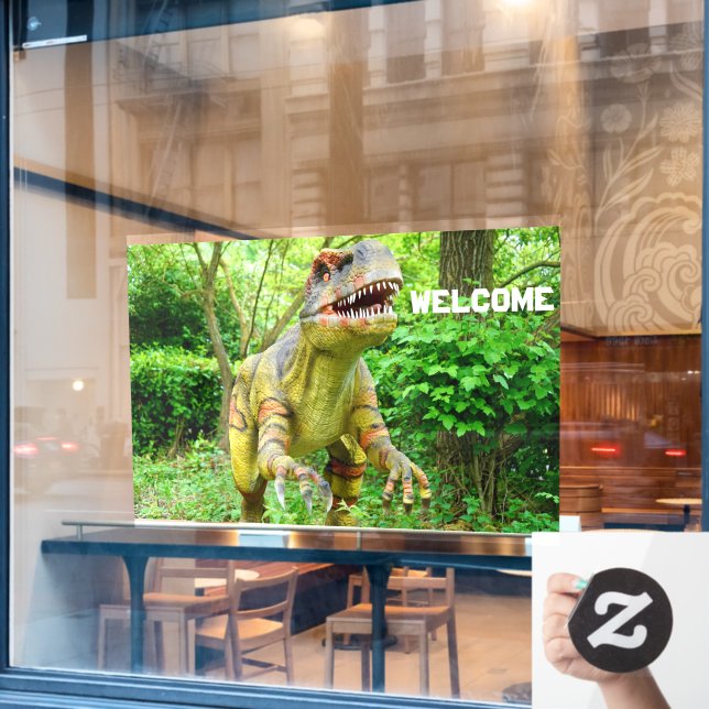 Autocollant Pour Fenêtre Dinosaure Accueillant les Visiteurs Expression Joy (Fenêtre de café)