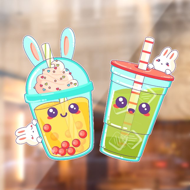 Autocollant Pour Fenêtre Donut Shop Bubble And Matcha Tea Bunny Cartoon  (Feuille 2)