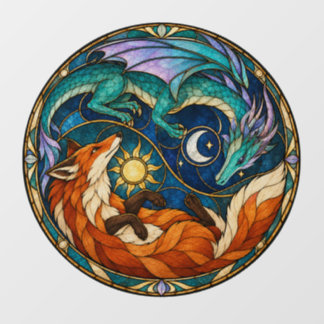 Autocollant Pour Fenêtre Dragon Renard Soleil Lune Verre Cathédrale
