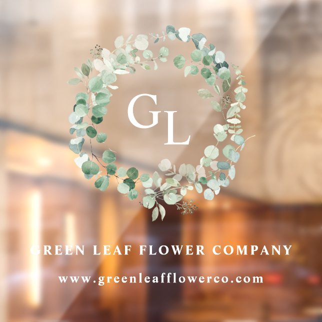 Autocollant Pour Fenêtre Élégant feuillage vert Nom commercial Monogram Win (Feuille 2)