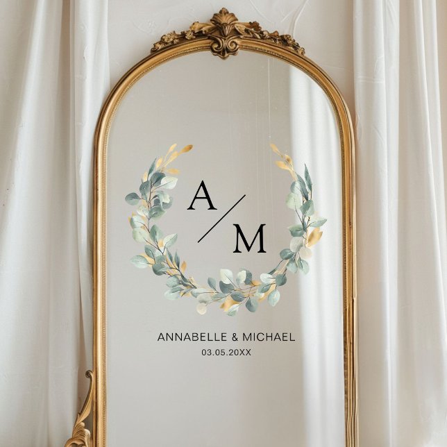 Autocollant Pour Fenêtre Élégant, monogramme, eucalyptus, mariage, couronne (Personalized, elegant, monogram, eucalyptus, wedding-wreath, window cling with your names and date.)