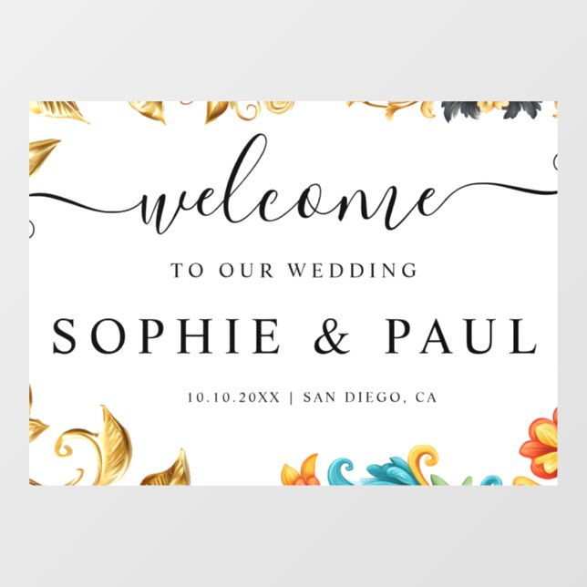 Autocollant Pour Fenêtre Élégante Affiche de bienvenue Mariage Turquoise or (Feuille)