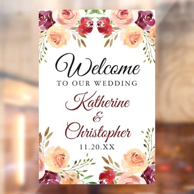 Autocollant Pour Fenêtre Élégante florale bourguignonne Bienvenue à notre M (Feuille 2)