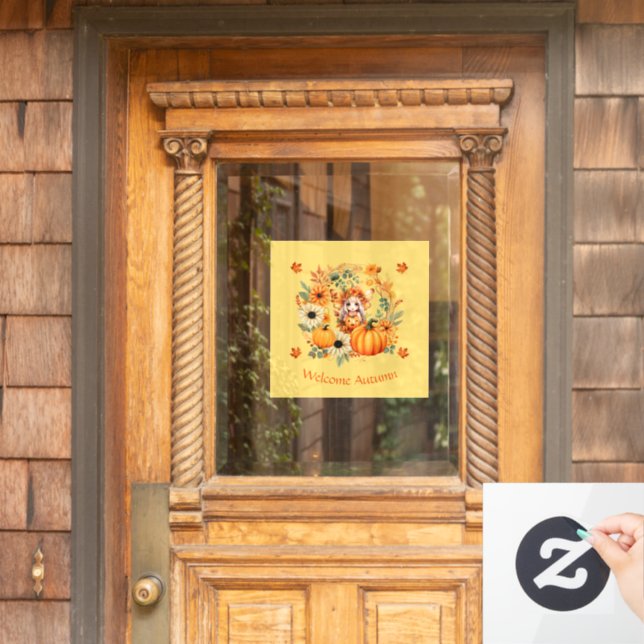 Autocollant Pour Fenêtre Fée Citrouille mignonne dans la couronne d'automne (Porte d'accueil)