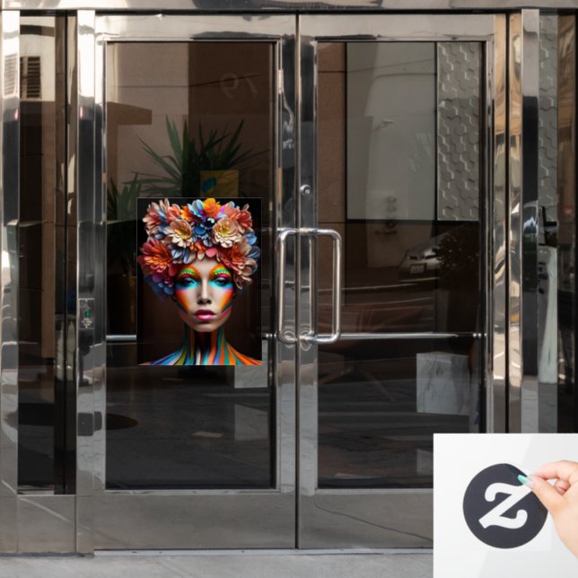 Autocollant Pour Fenêtre Femme au maquillage lumineux et couronne de fleurs (Porte de bureau)