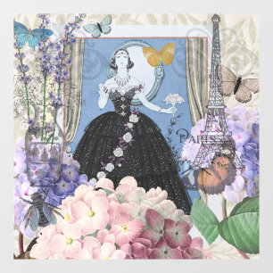 Autocollant Pour Fenêtre Femme élégante bleue Robe fantaisie florale 