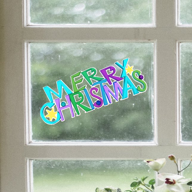 Autocollant Pour Fenêtre Festive Merry Christmas Text Colourful Letters (Festive Merry Christmas text colourful letters gold stars on window cling decoration.)