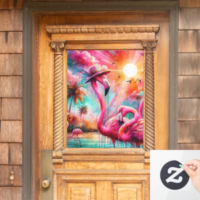 Autocollant Pour Fenêtre Flamants roses roses tropicaux Palmiers Eau Solair (Porte d'accueil)