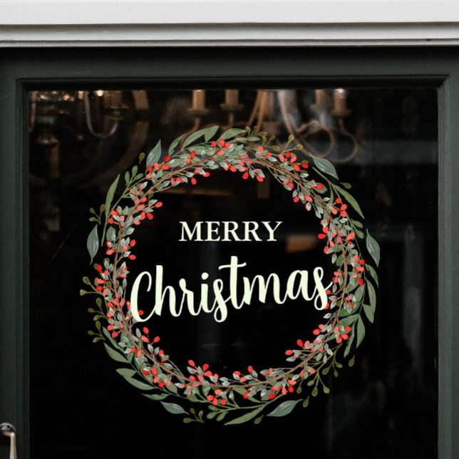 Autocollant Pour Fenêtre Fleur de Noël Wreath Joyeux Noël (Christmas Flower Wreath Merry Christmas Window Cling)