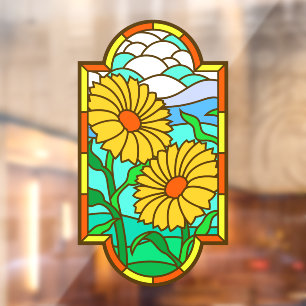 Autocollant Pour Fenêtre Fleur jaune ciel bleu faux vitrail