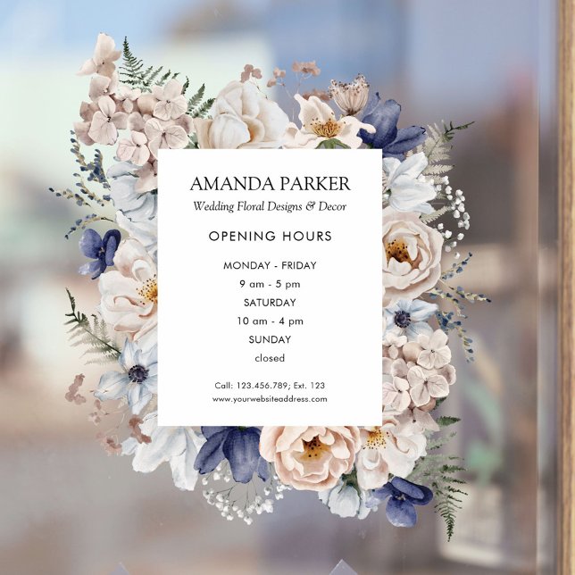 Autocollant Pour Fenêtre Fleurs Florales Bleu Beige Joli Aquarelle Magasin (In situ)