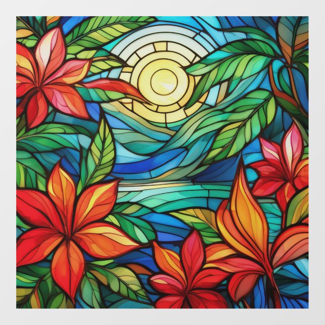 Autocollant Pour Fenêtre Fleurs tropicales en vitrail clair de lune (Feuille)