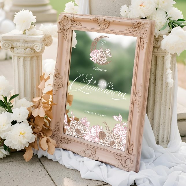 Autocollant Pour Fenêtre Floral rose céleste Lune Quinceanera Bienvenue (Floral Pink Celestial Moon Quinceanera Welcome Window Cling)