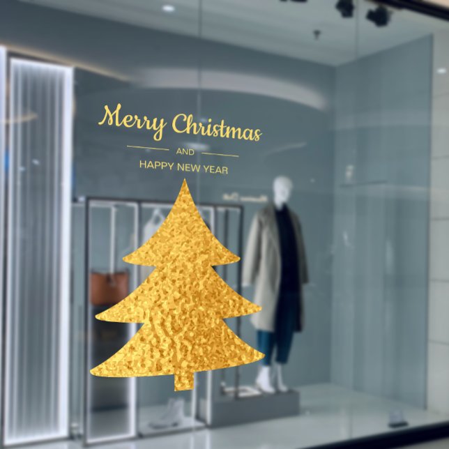 Autocollant Pour Fenêtre Géométrie dorée Arbres de Noël Fêtes d'affaires (Golden Geometry Christmas Trees Retail Storefront Holiday Window Cling)