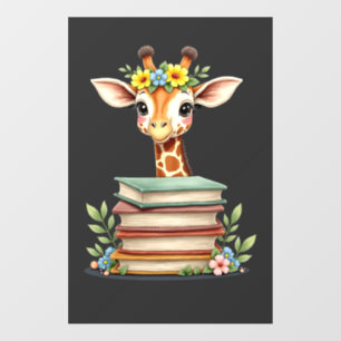 Autocollant Pour Fenêtre Girafe Mignonne Avec Livre Floral Bookworm Bibliot