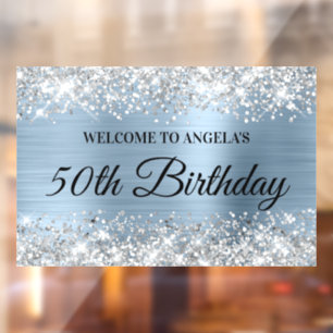 Autocollant Pour Fenêtre Glittery Silver Light Blue 50th Birthday Welcome