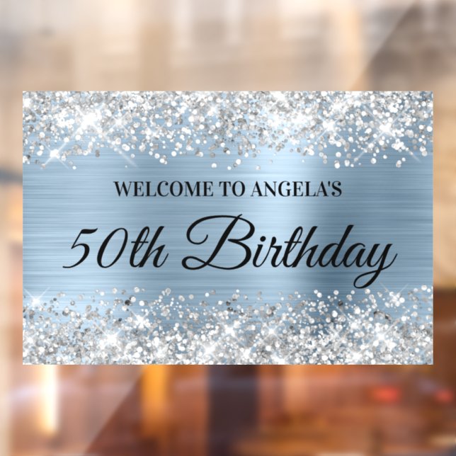 Autocollant Pour Fenêtre Glittery Silver Light Blue 50th Birthday Welcome (Feuille 2)