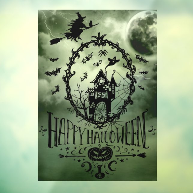 Autocollant Pour Fenêtre Green Happy Halloween Pleine lune & sorcière (Feuille 3)