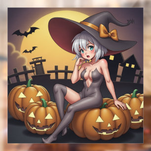 Autocollant Pour Fenêtre Halloween Anime Sorcière Chaude sur Citrouille de 