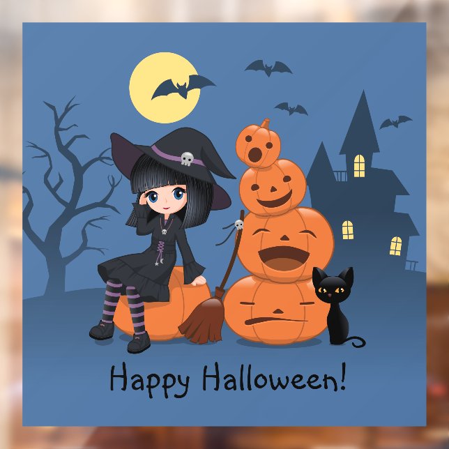 Autocollant Pour Fenêtre Halloween Witch, Chat noir et Citrouille (Feuille 2)