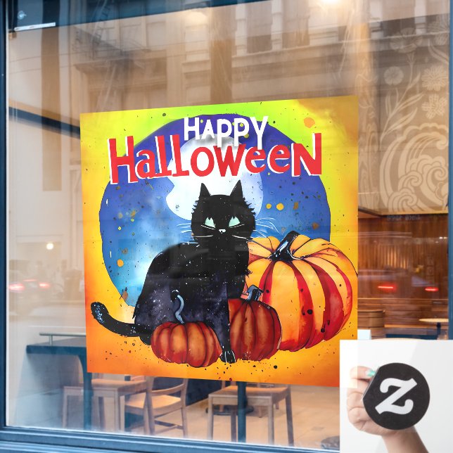 Autocollant Pour Fenêtre Happy Halloween Chat noir et Citrouille (Fenêtre de café)