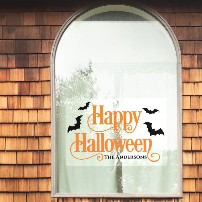 Autocollant Pour Fenêtre Happy Halloween Orange et Black Custom (Happy Halloween Orange and Black Custom Window Cling - Just add your family name or special text!)