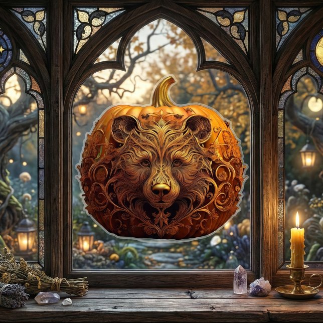Autocollant Pour Fenêtre Harvest Guardian Bear Ornate Automne Citrouille Ar (Whimsigoth Samhain Decor | Golden Bear Pumpkin Window Cling. Autumn gothic home decor bear spirit)