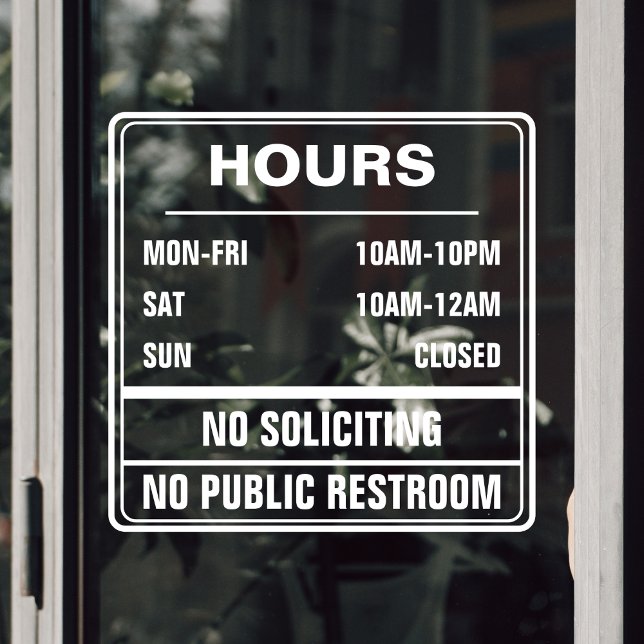 Autocollant Pour Fenêtre Heures d'opération Pas de sollicitation de toilett (hours of operation transparent door sticker with no public restroom and no soliciting text)