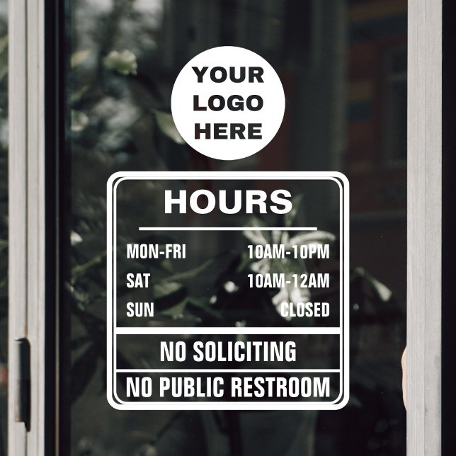 Autocollant Pour Fenêtre Heures d'opération Pas de sollicitation Logo des t (hours of operation transparent door sticker with logo, no public restroom and no soliciting text)