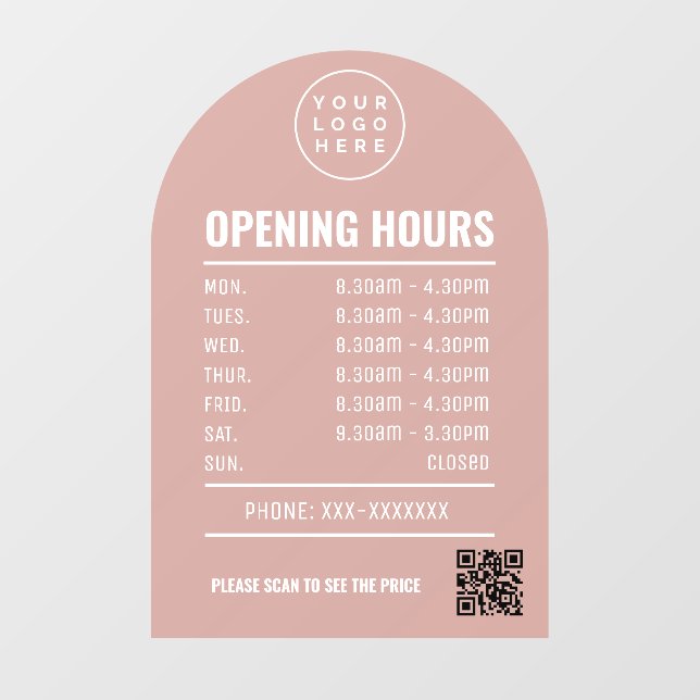 Autocollant Pour Fenêtre Heures d'ouverture avec code QR Logo Dusty Rose Ar (Feuille)