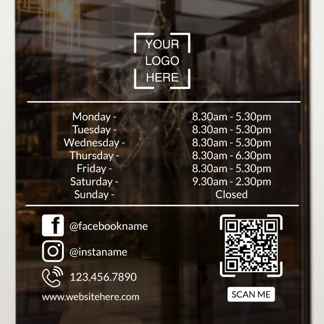Autocollant Pour Fenêtre Heures d'ouverture avec code QR personnalisé Logo  (Créateur téléchargé)