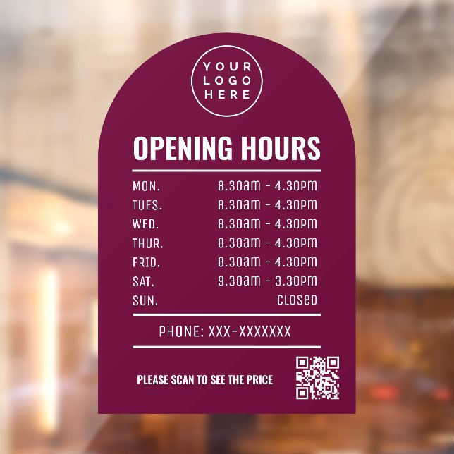 Autocollant Pour Fenêtre Heures d'ouverture avec logo code QR Arch bordeaux (Feuille 2)