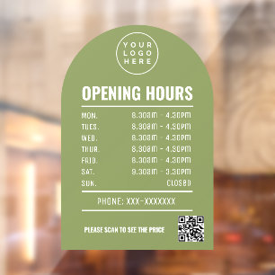Autocollant Pour Fenêtre Heures d'ouverture avec logo code QR Vert Sage Arc